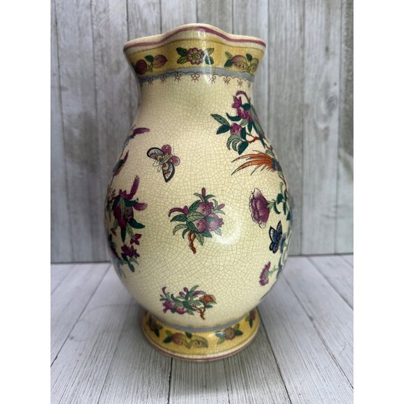 Vtg Chinese Tropical Birds and Floral Decor Pitcher Ceramic with Handle 10" Tall - Picture 4 of 12